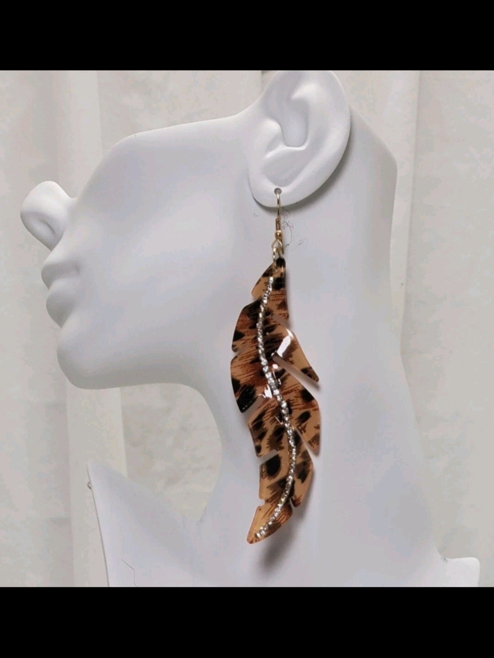 Exotic Leopard Feather Dangling 4 Inch Drop Earrings W/French Wire & Crystals.